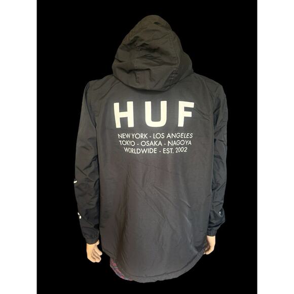 HUF Worldwide Anorak Jacket Mens M Black Flags Half Zip Skateboarder Streetwear - Picture 2 of 13